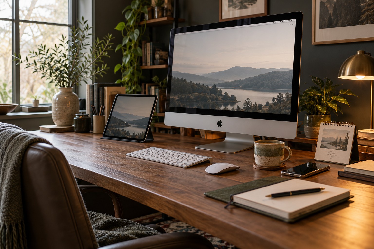 Ein warmer Arbeitsplatz mit iMac, iPad, iPhone und Kaffeetasse auf einem Holzschreibtisch.